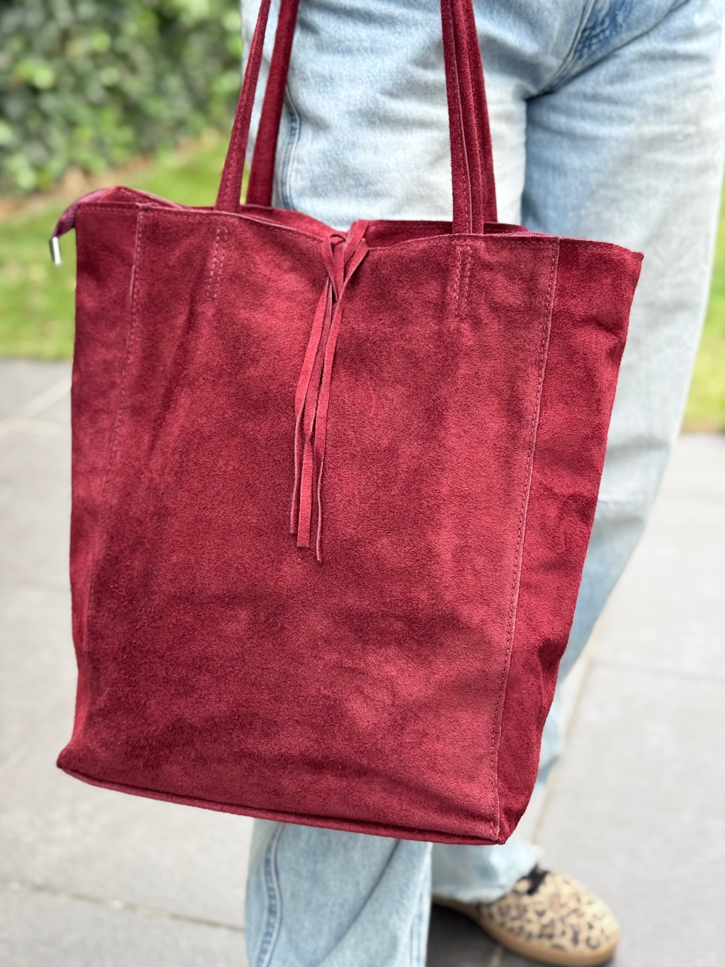 Prachtige suéde lederen shopper Dieprood