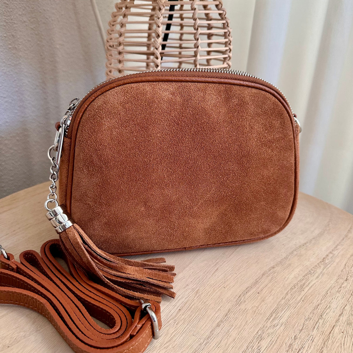 Suède drie rits tas Cognac kleur