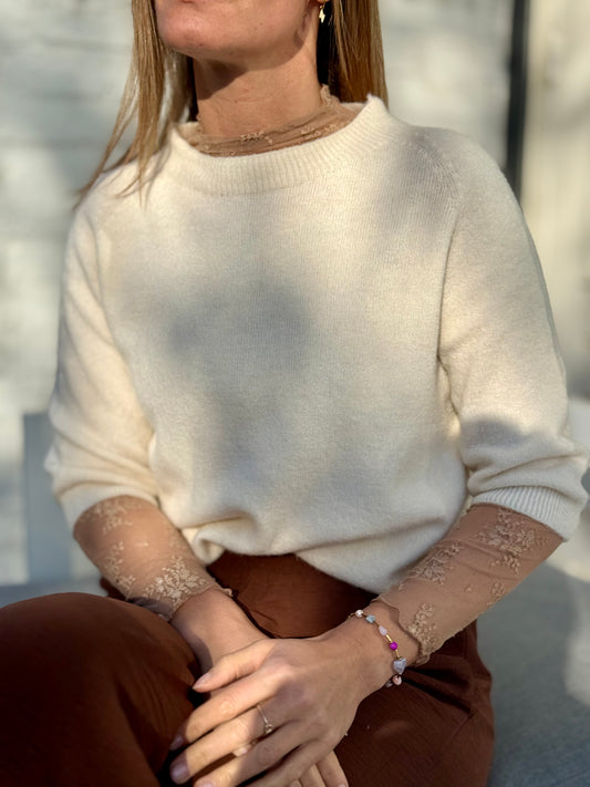 Kanten Top Brique/Huidskleur driekwart mouw