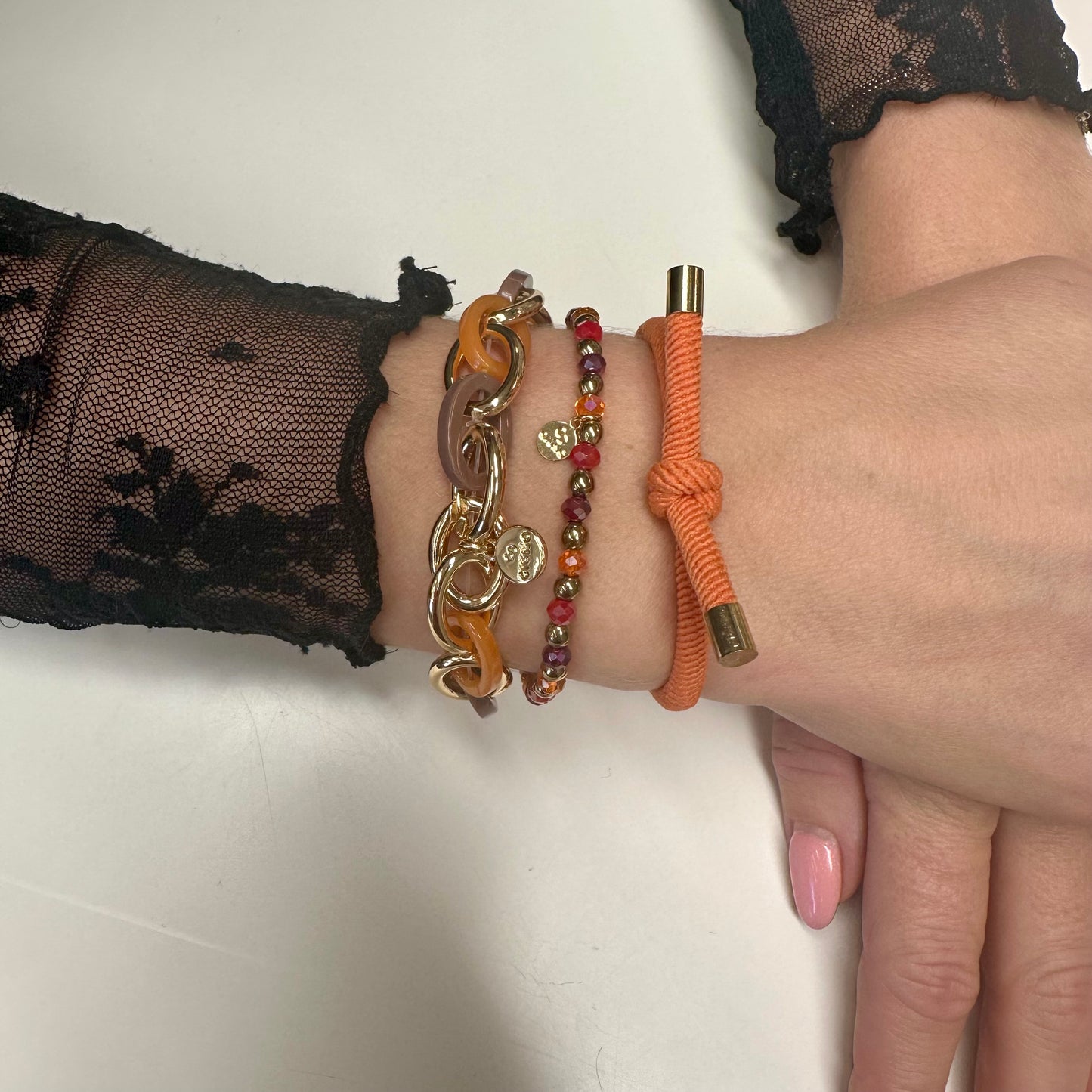 Armband schakel Oranje/Taupe/Goud