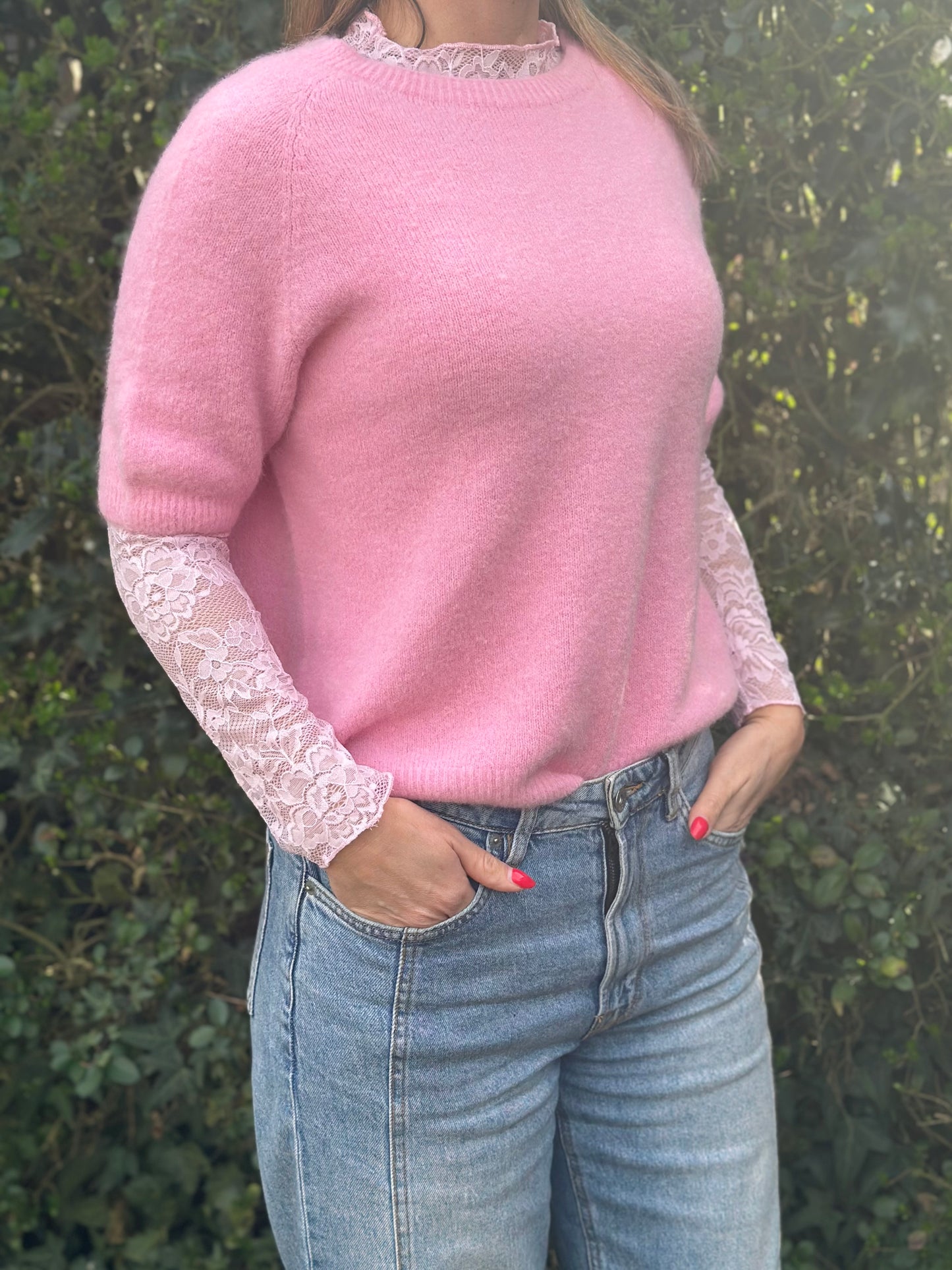 Kanten top zacht Roze lange mouw (model 1)