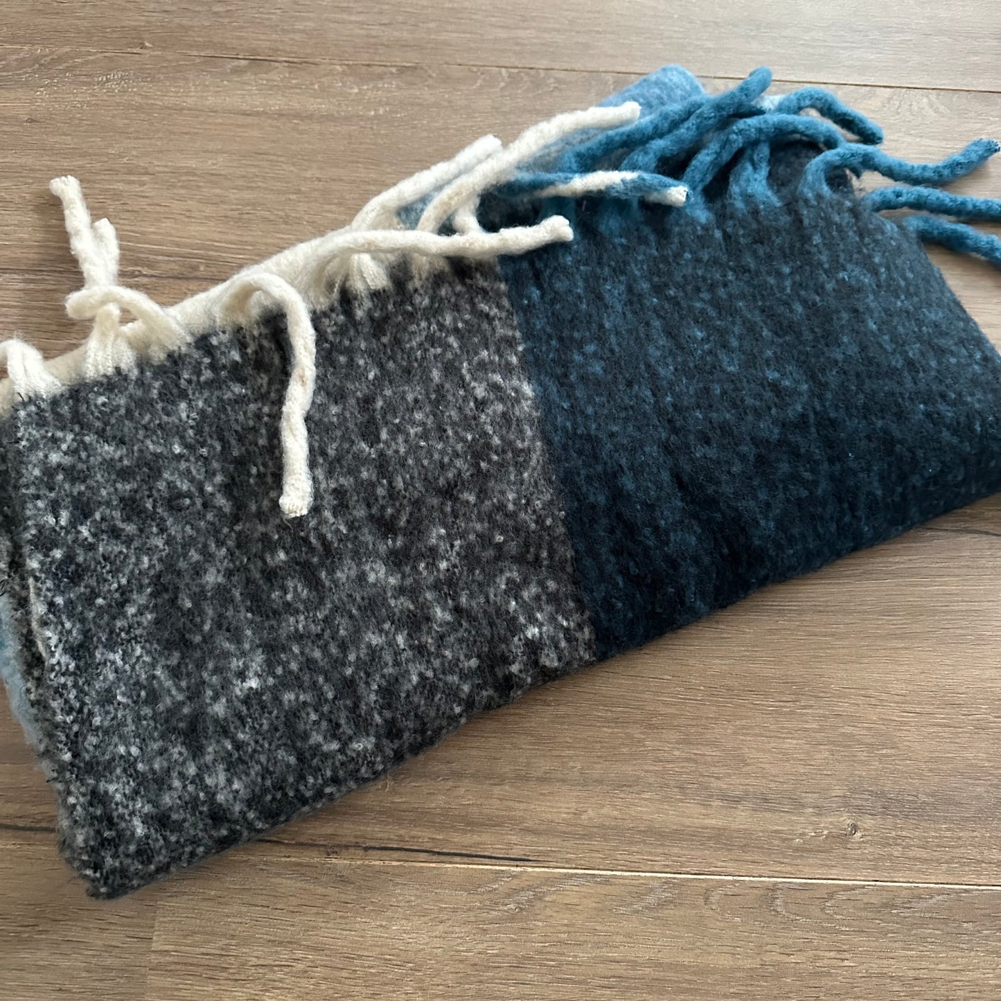 Sjaal Recht met franjes Blauw/Ecru/Zwart