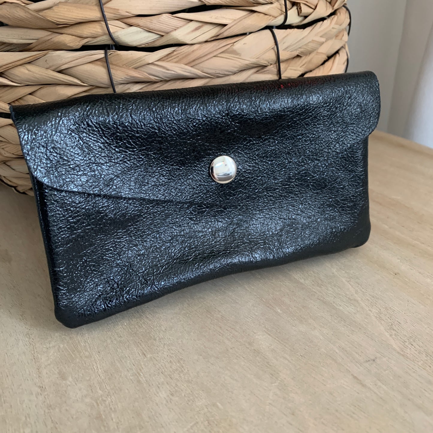 Italiaans leder portemonnee Large Zwart metallic look