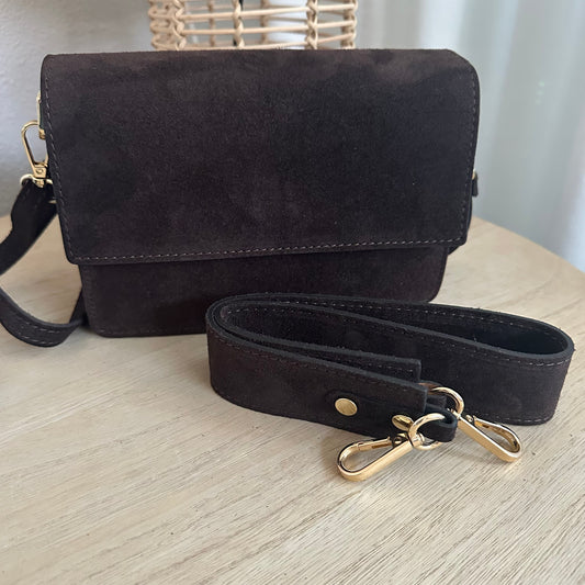 Prachtige stijlvolle leder suèdine tas Chocobruin