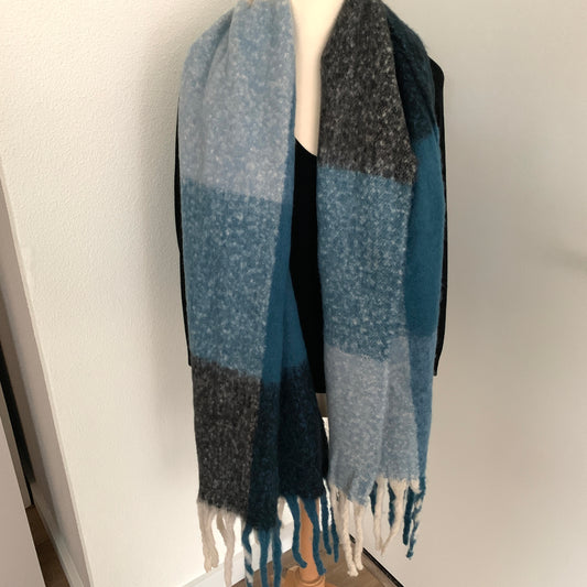 Sjaal Recht met franjes Blauw/Ecru/Zwart