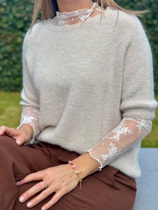 Kanten Top Wit driekwart mouw