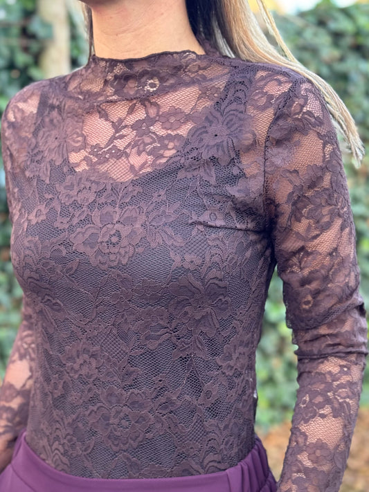 Kanten top Chocobruin lange mouw