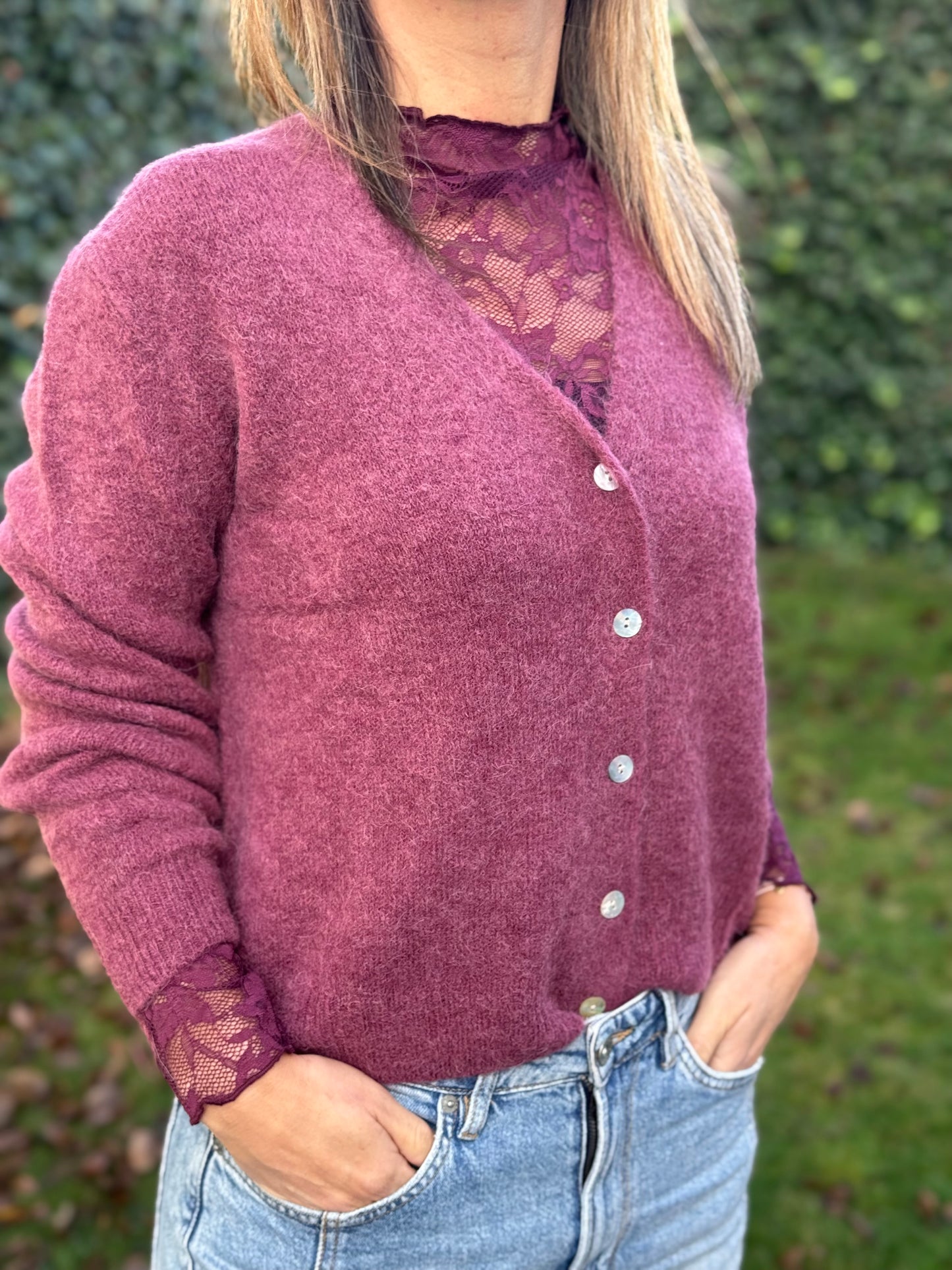 Kanten top Prune lange mouw (dieprood/paars)