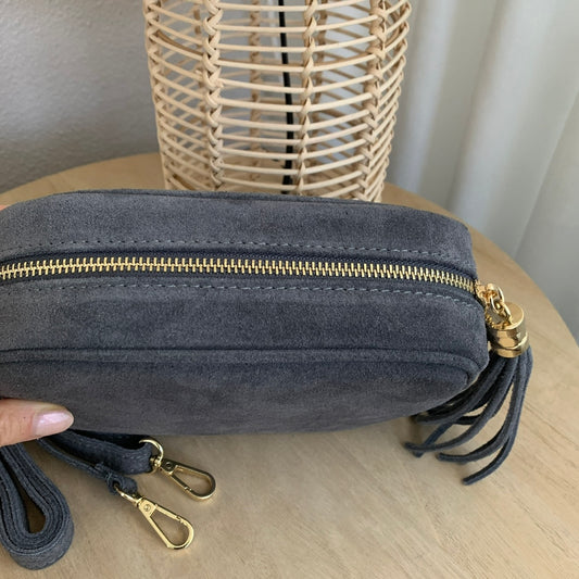 Prachtige stijlvolle tas suedine leder Antraciet afgeronde vorm