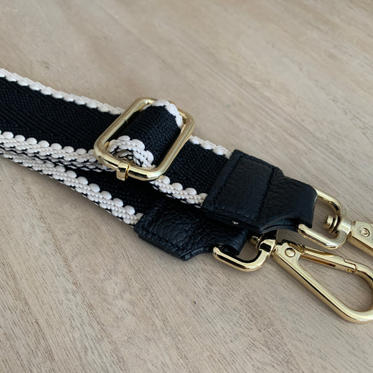 Schouderband smal Zwart-Off white randje Gouden beslag