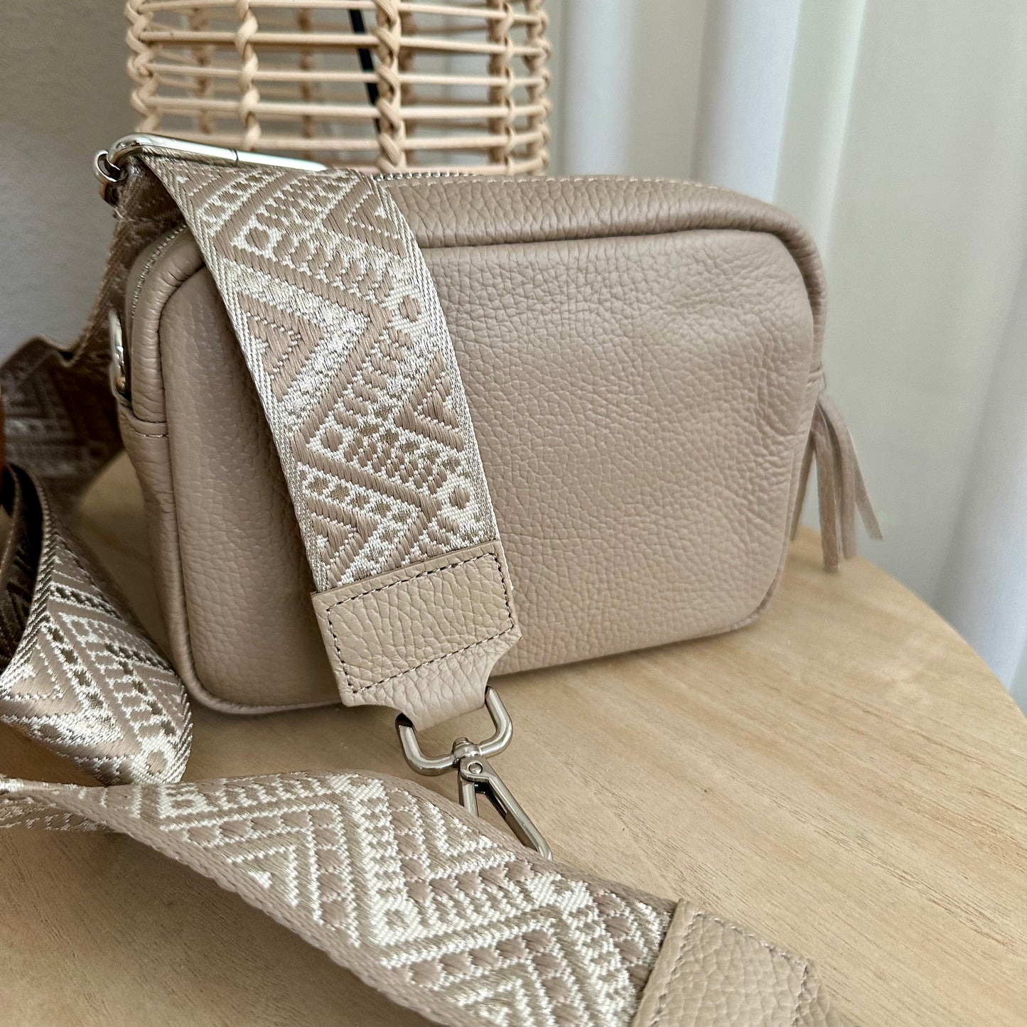 Lederen crossbody tas Leverkleur 'Tassel' met zilveren ritsje
