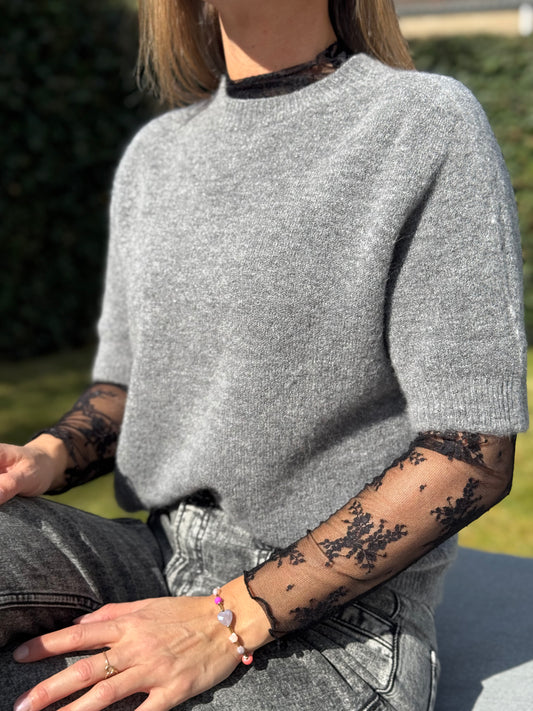 Kanten Top Zwart driekwart mouw