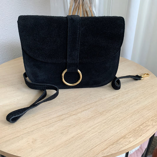 Schoudertas Maan suède leder Zwart Gouden ring