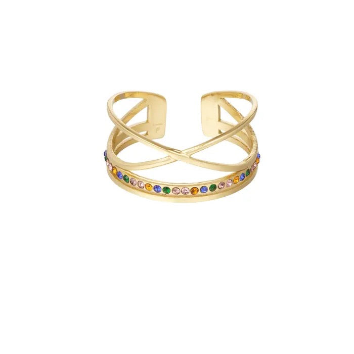 Ring steentjes met kruis- Goud/Multi- One Size