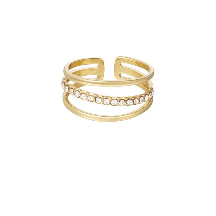 Ring drie laags met rij steentjes- Goud- Onze Size