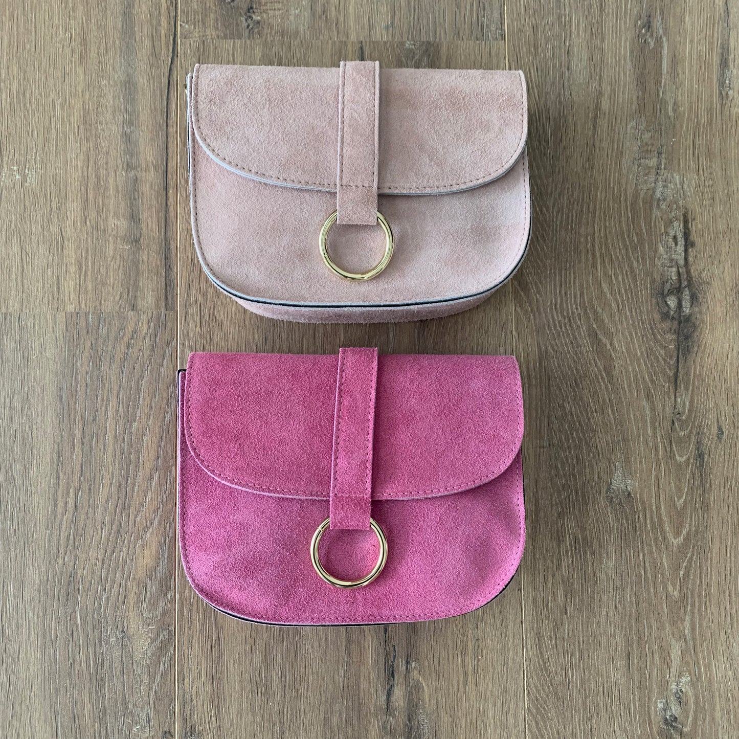 Schoudertas Maan suède Pink Gouden ring