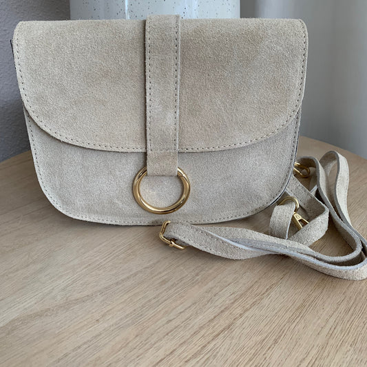 Schoudertas Maan suède Ecru Gouden ring