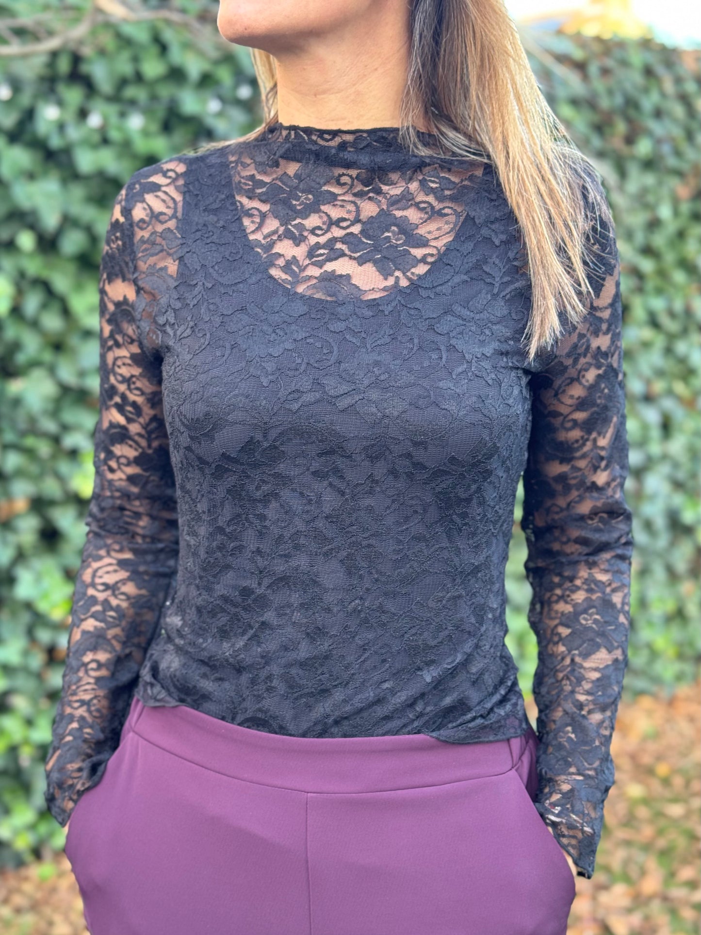 Kanten top Zwart lange mouw