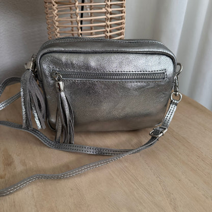 Lederen crossbodytas Zilver met 'tassel'