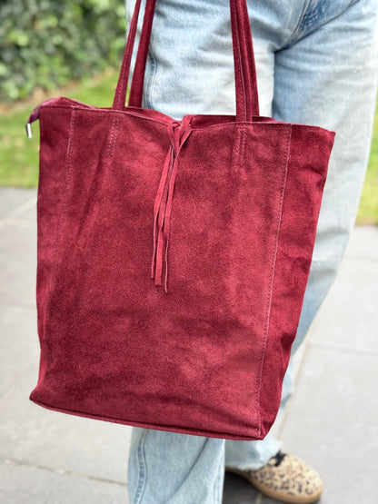 Prachtige suéde lederen shopper Dieprood