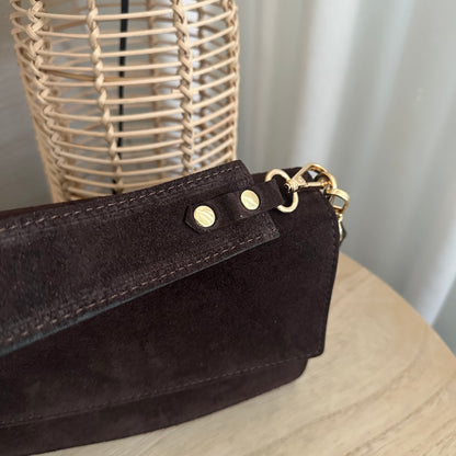 Prachtige stijlvolle leder suèdine tas Chocobruin