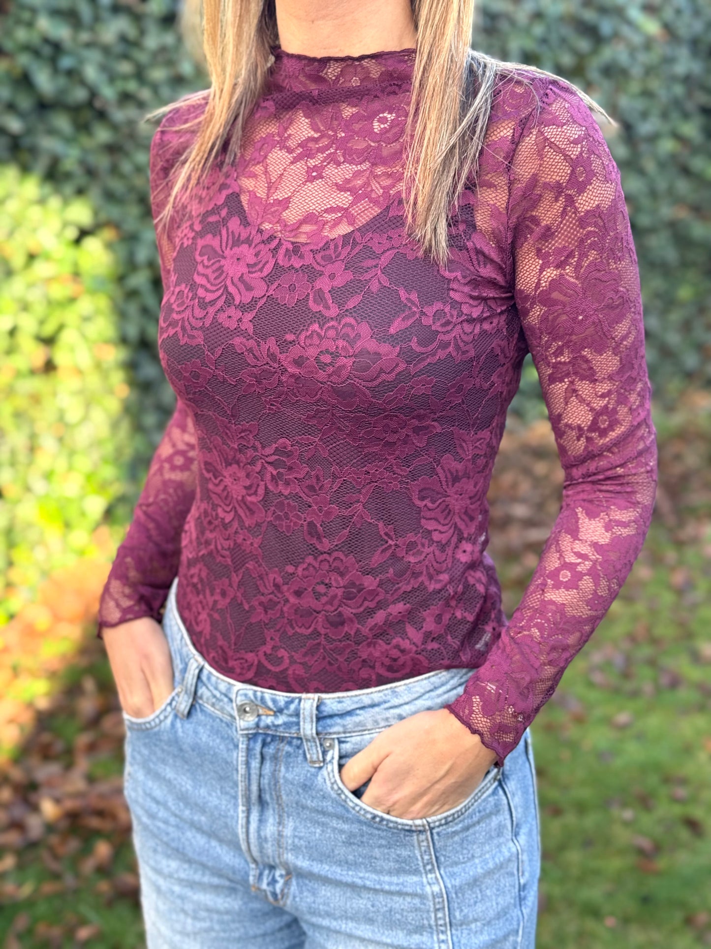 Kanten top Prune lange mouw (dieprood/paars)