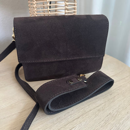 Prachtige stijlvolle leder suèdine tas Chocobruin