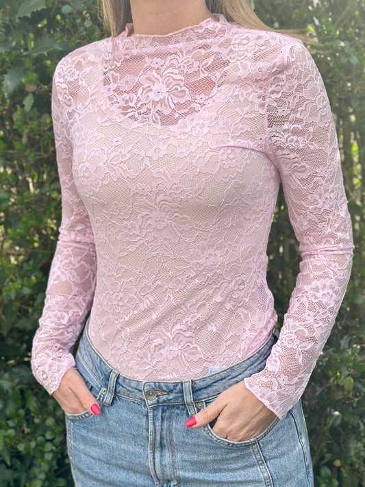 Kanten top zacht Roze lange mouw (model 1)