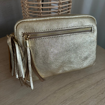Lederen crossbody tas Goud ‘Tassel’ met gouden ritsje