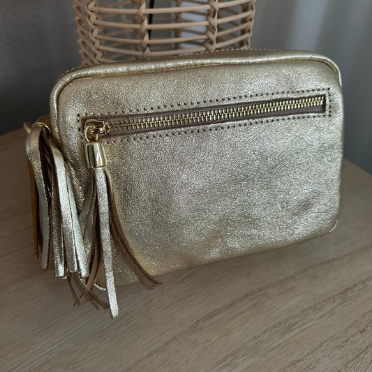 Lederen crossbody tas Goud ‘Tassel’ met gouden ritsje