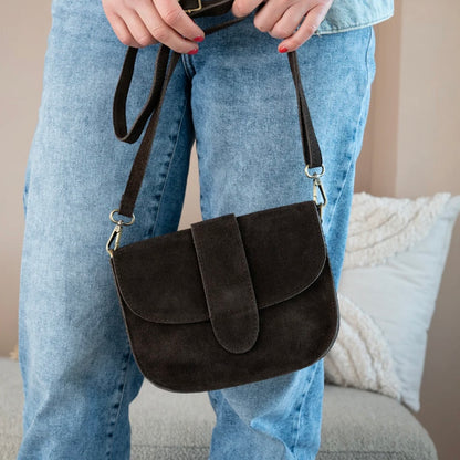 Schoudertas ‘Maan’ suède leder donkerbruin