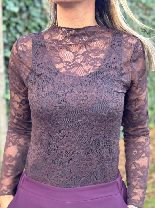 Kanten top Chocobruin lange mouw