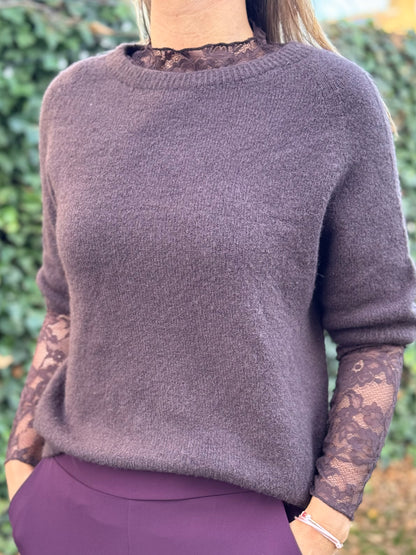 Kanten top Chocobruin lange mouw