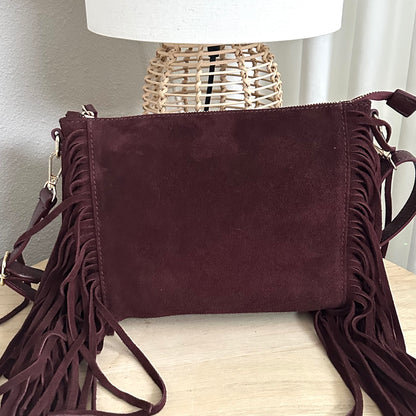 Rechthoekige tas suèdine met franjes Bordeaux