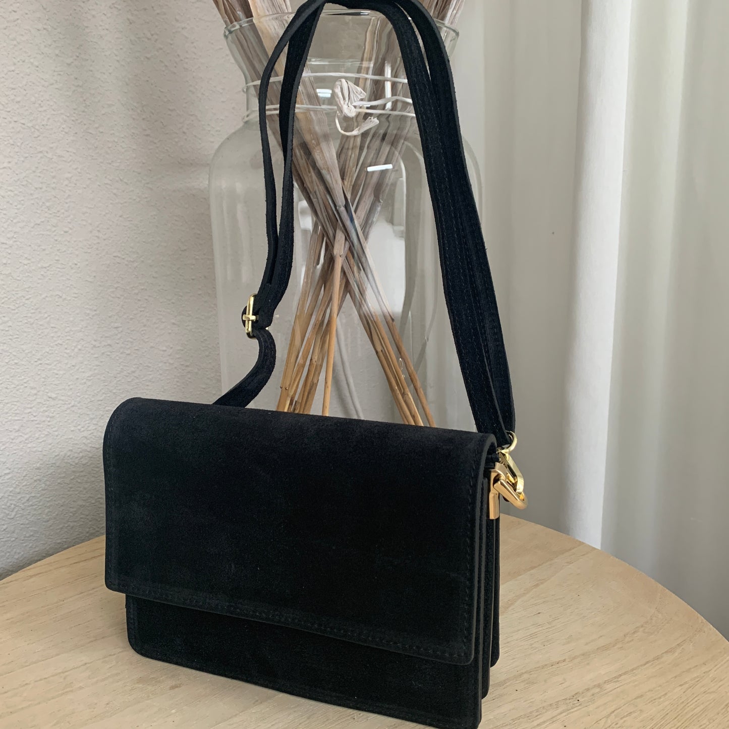 Prachtige stijlvolle leder suèdine tas Zwart