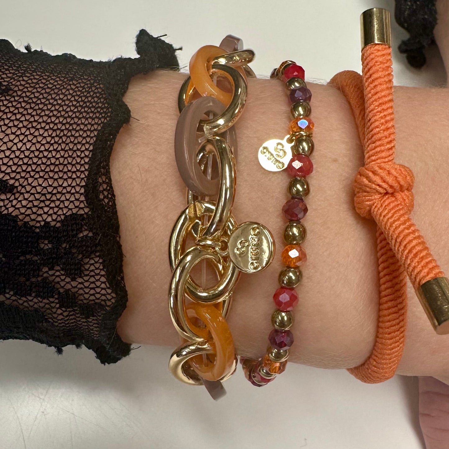 Armband schakel Oranje/Taupe/Goud