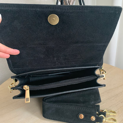 Prachtige stijlvolle leder suèdine tas Zwart