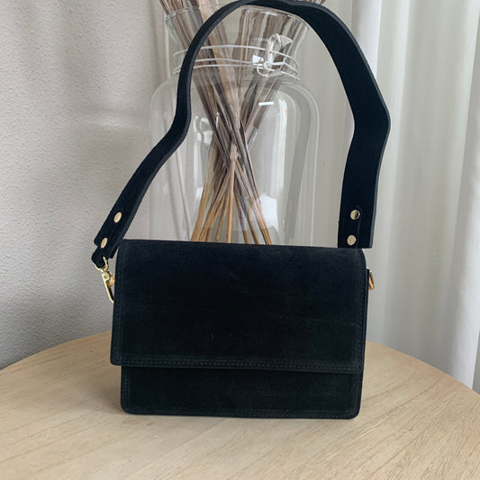 Prachtige stijlvolle leder suèdine tas Zwart