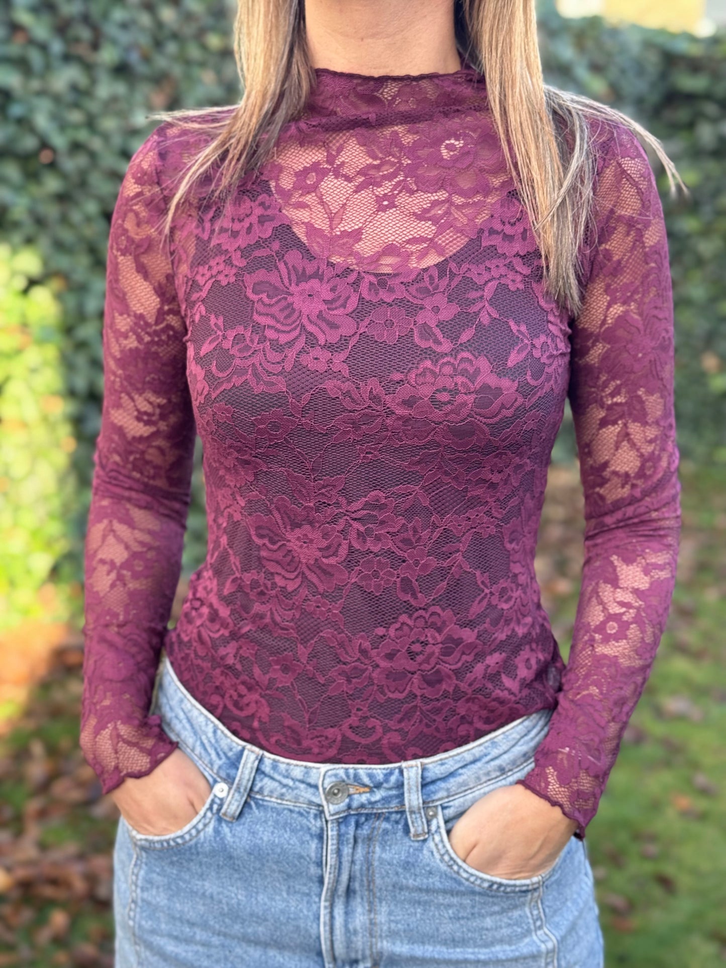 Kanten top Prune lange mouw (dieprood/paars)