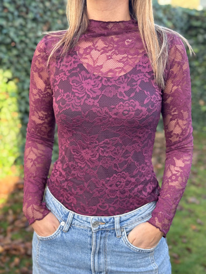 Kanten top Prune lange mouw (dieprood/paars)