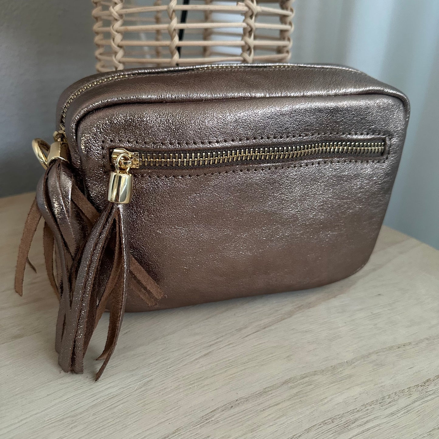 Lederen crossbody tas Brons 'Tassel' met gouden ritsje