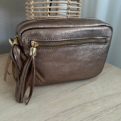 Lederen crossbody tas Brons 'Tassel' met gouden ritsje