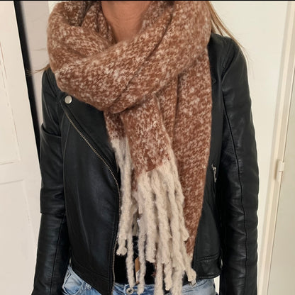 Sjaal recht bruin/beige met franjes