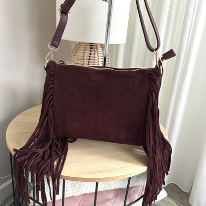 Rechthoekige tas suèdine met franjes Bordeaux