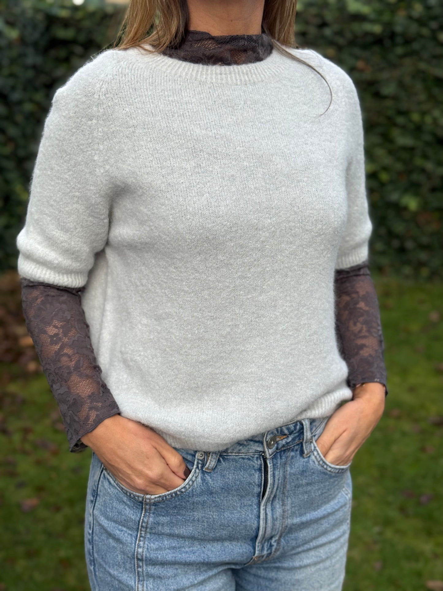 Kanten top Mid-Grijs lange mouw