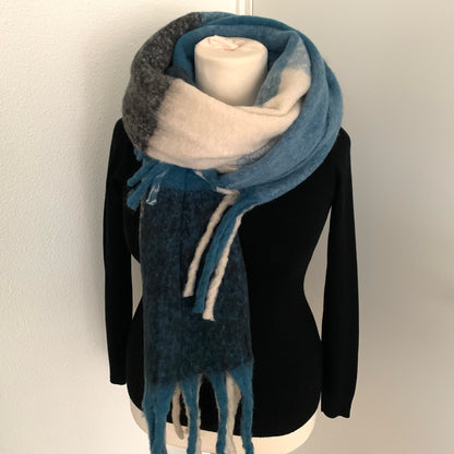 Sjaal Recht met franjes Blauw/Ecru/Zwart