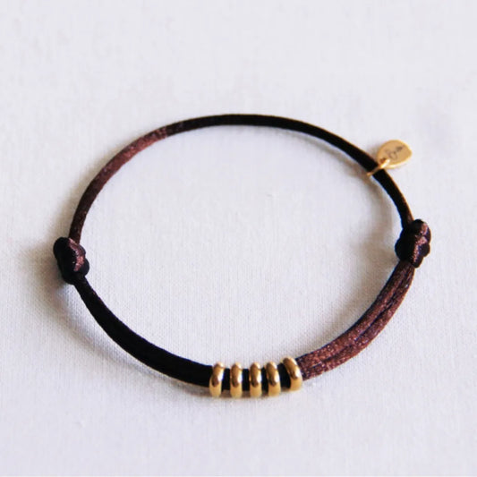 Satijn armbandje met ringen Chocobruin/goud