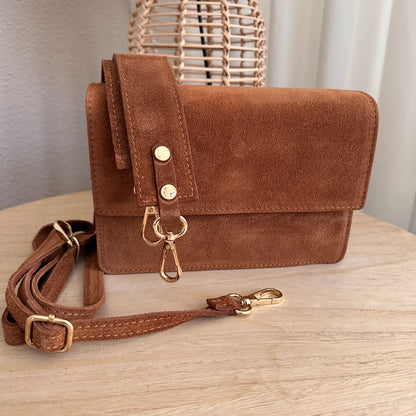 Prachtige stijlvolle suèdine tas Camel/Cognac kleur