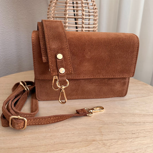 Prachtige stijlvolle suèdine tas Camel/Cognac kleur