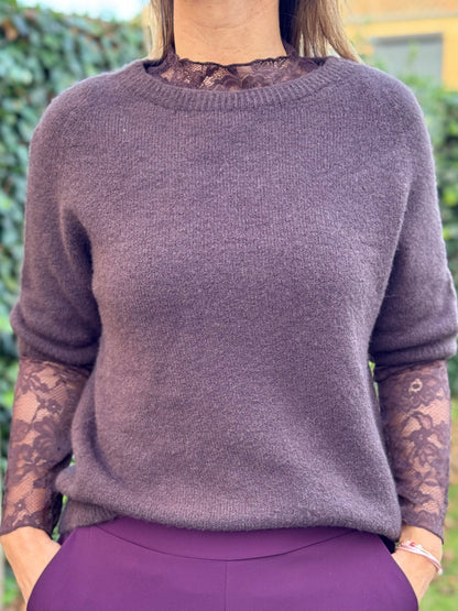 Kanten top Chocobruin lange mouw